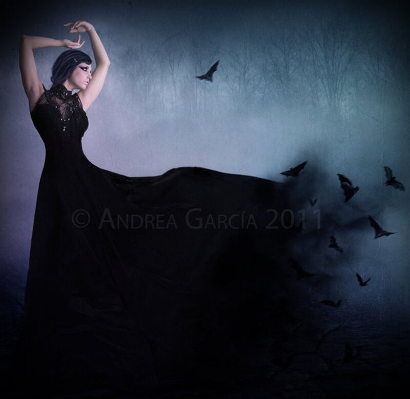 Woman in Black Dress — Dramatic, Night, Photograph, Bats