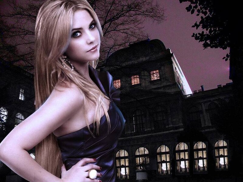 Woman in Black Dress — Dramatic, Night, Photograph, Building