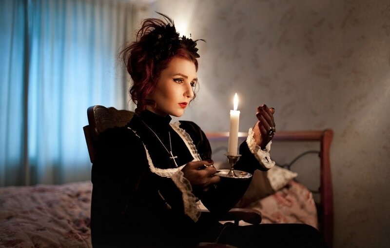 Woman in Black Dress — Dramatic, Night, Photograph, Candle, Chair