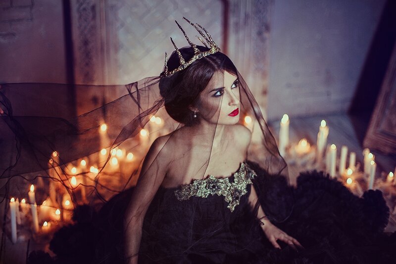 Woman in Black Dress — Dramatic, Night, Photograph, Candles, Veil