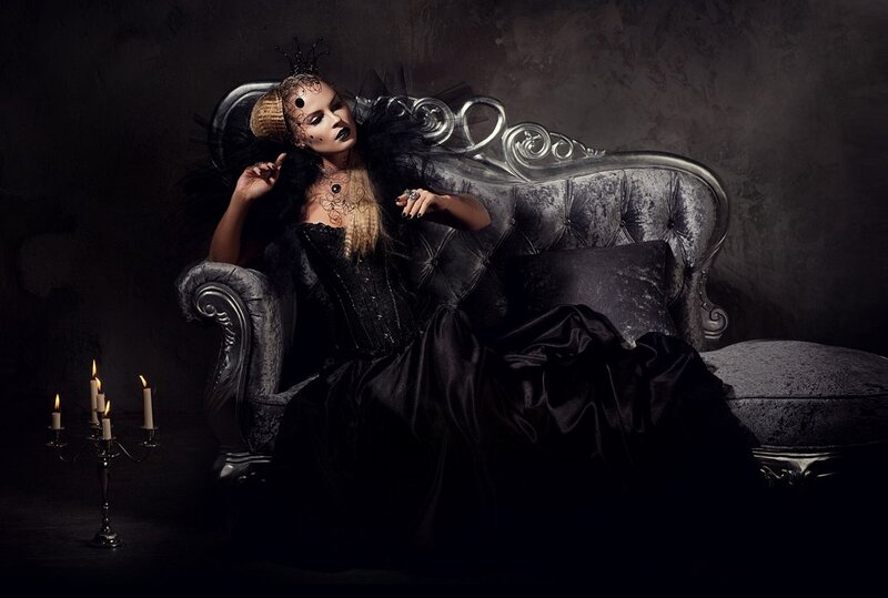 Woman in Black Dress — Dramatic, Night, Photograph, Candlestick, Couch
