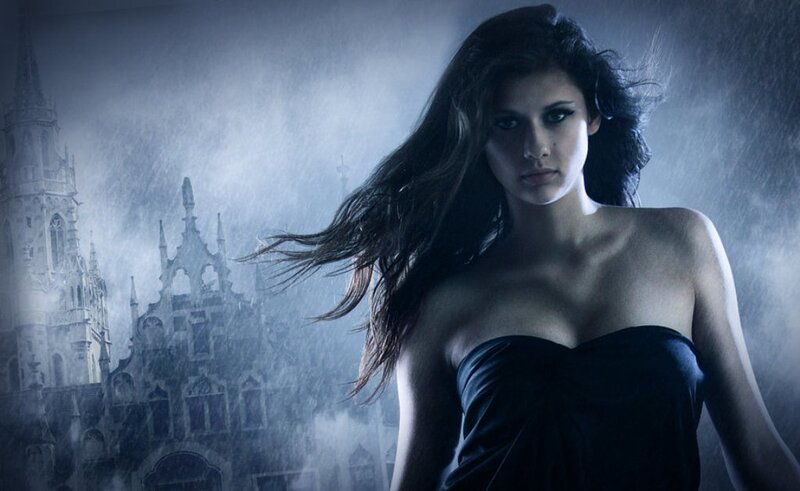 Woman in Black Dress — Dramatic, Night, Photograph, Castle