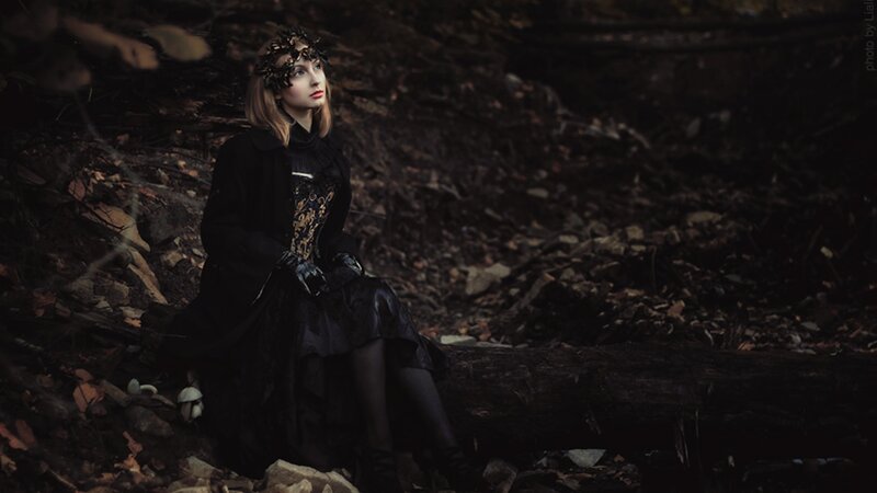 Woman in Black Dress — Dramatic, Night, Photograph, Crown, Forest