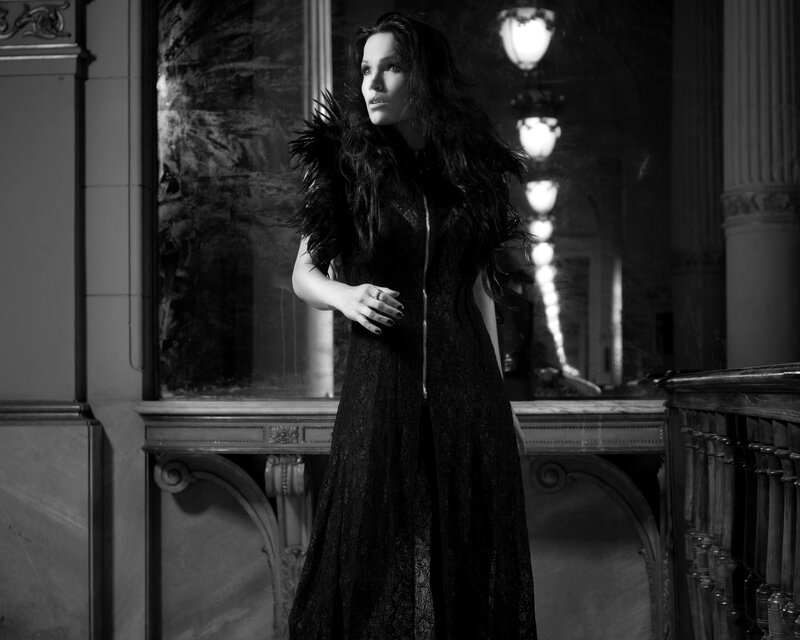 Woman in Black Dress — Dramatic, Night, Photograph, Feather Collar