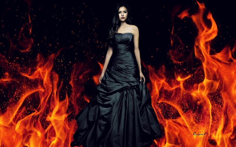 Woman in Black Dress — Dramatic, Night, Photograph, Fire, Sparkles