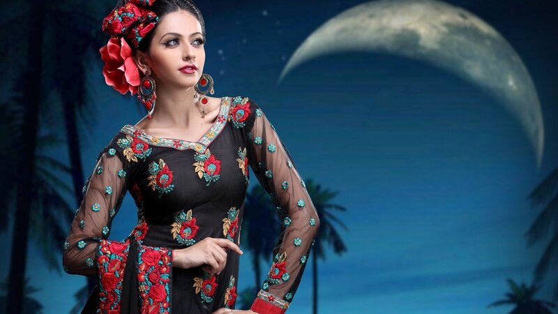 Woman in Black Dress — Dramatic, Night, Photograph, Flower Headpiece