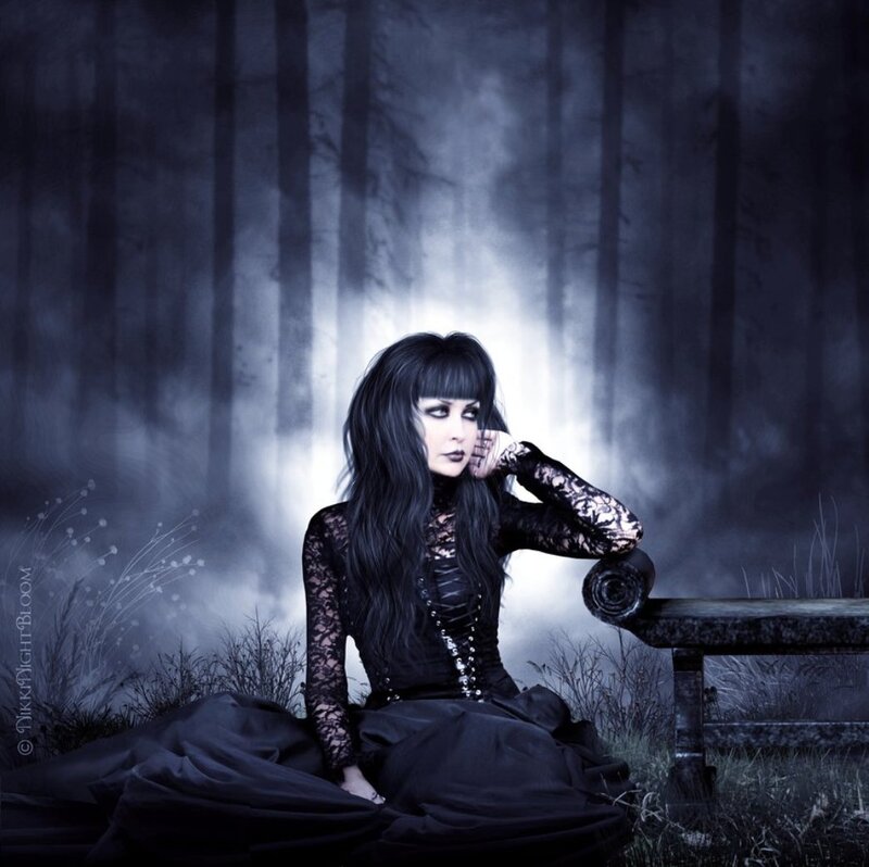 Woman in Black Dress — Dramatic, Night, Photograph, Forest, Bench