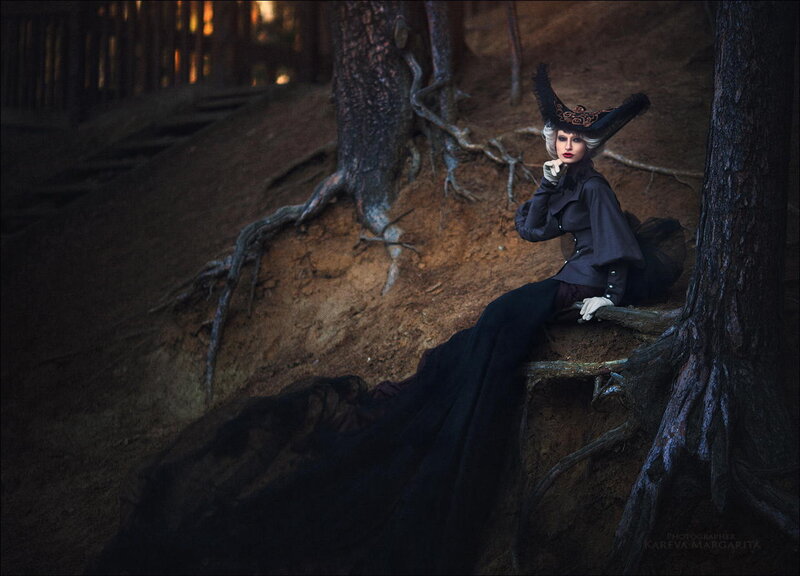 Woman in Black Dress — Dramatic, Night, Photograph, Forest, Tree Roots
