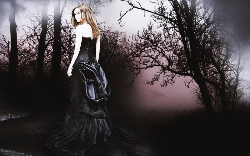 Woman in Black Dress — Dramatic, Night, Photograph, Forest, Trees