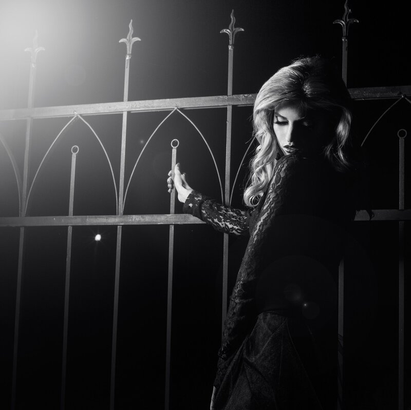 Woman in Black Dress — Dramatic, Night, Photograph, Gate