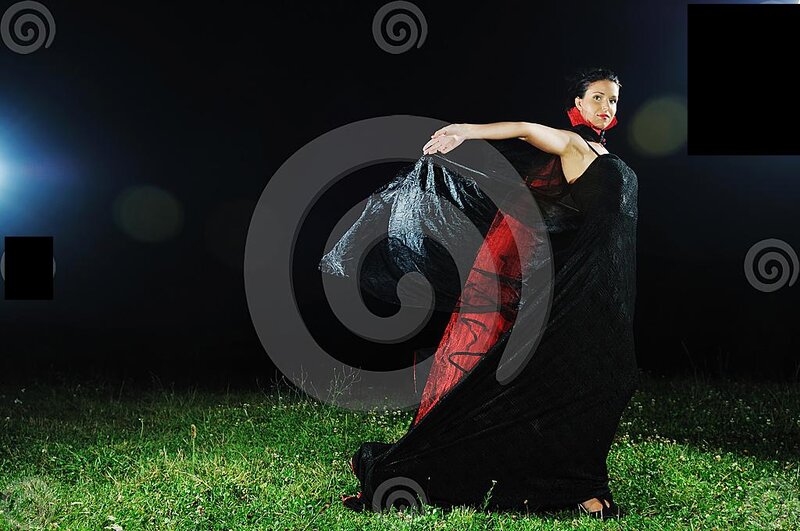 Woman in Black Dress — Dramatic, Night, Photograph, Grass