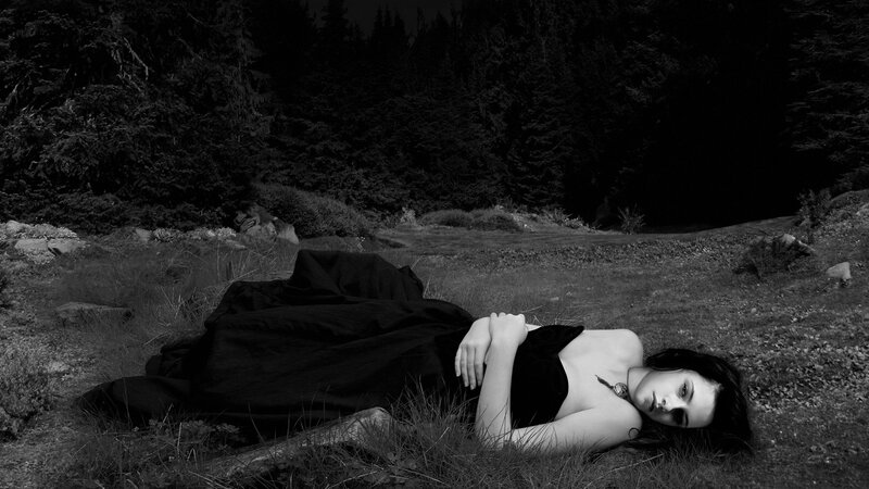 Woman in Black Dress — Dramatic, Night, Photograph, Grass, Trees
