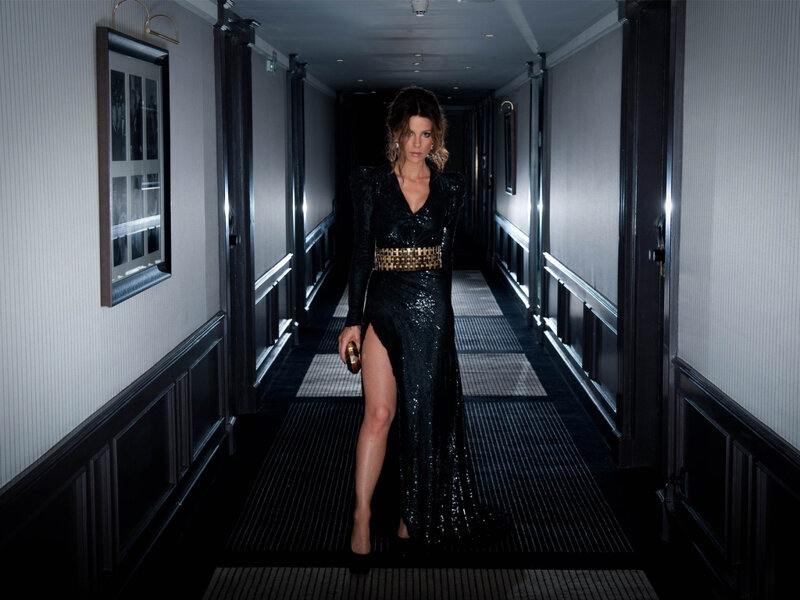 Woman in Black Dress — Dramatic, Night, Photograph, Hallway, Carpet