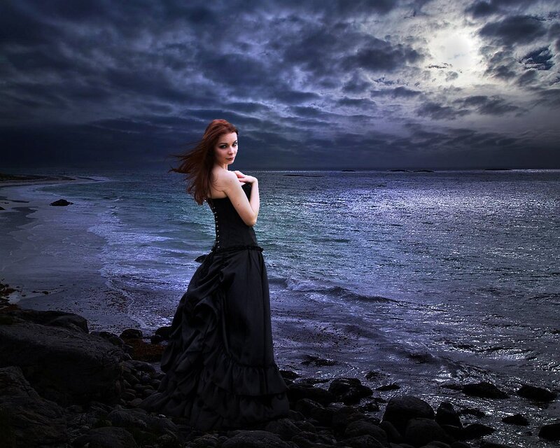 Woman in Black Dress — Dramatic, Night, Photograph, Ocean