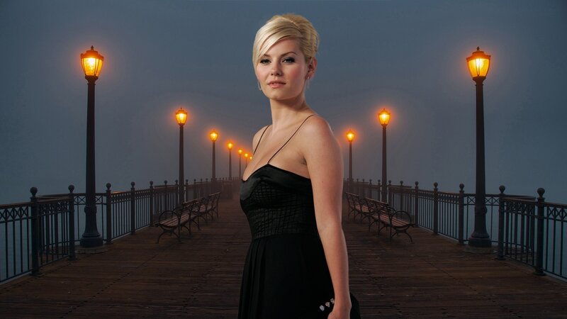 Woman in Black Dress — Dramatic, Night, Photograph, Pier, Streetlights