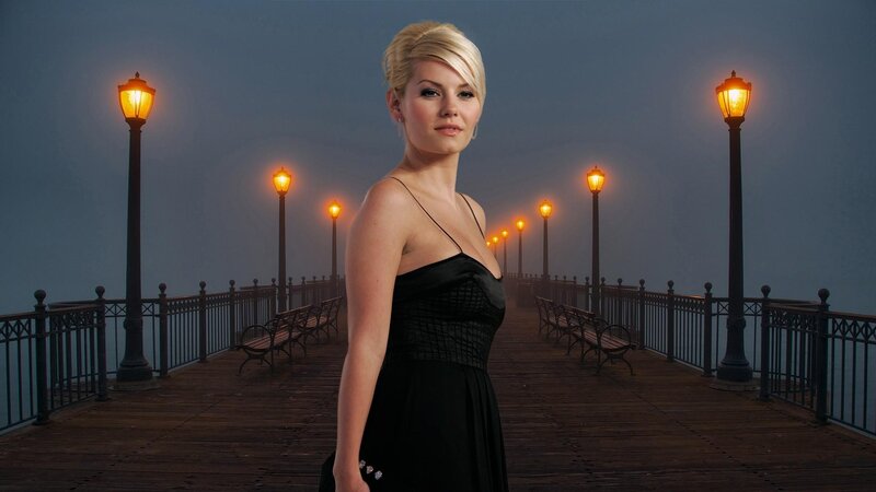 Woman in Black Dress — Dramatic, Night, Photograph, Pier