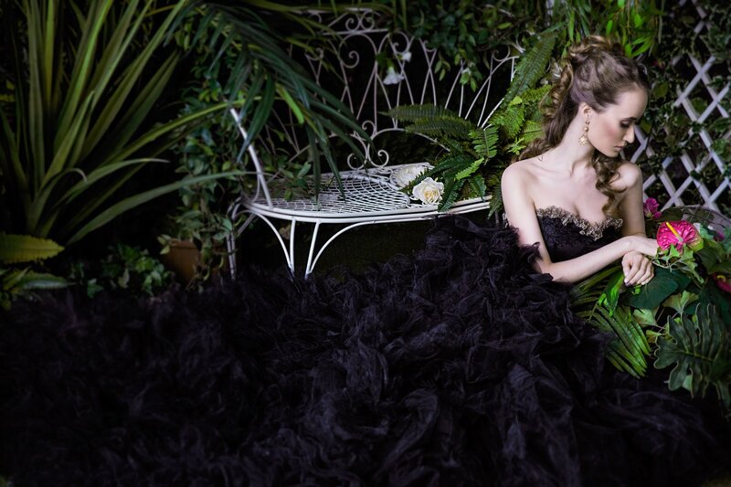Woman in Black Dress — Dramatic, Night, Photograph, Plants