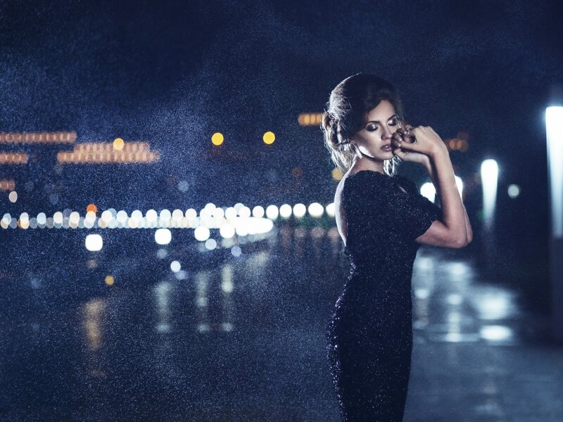Woman in Black Dress — Dramatic, Night, Photograph, Rain