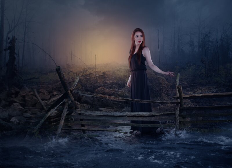 Woman in Black Dress — Dramatic, Night, Photograph, River