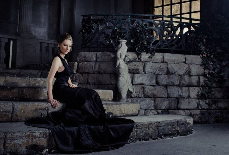 Woman in Black Dress — Dramatic, Night, Photograph, Stone Steps