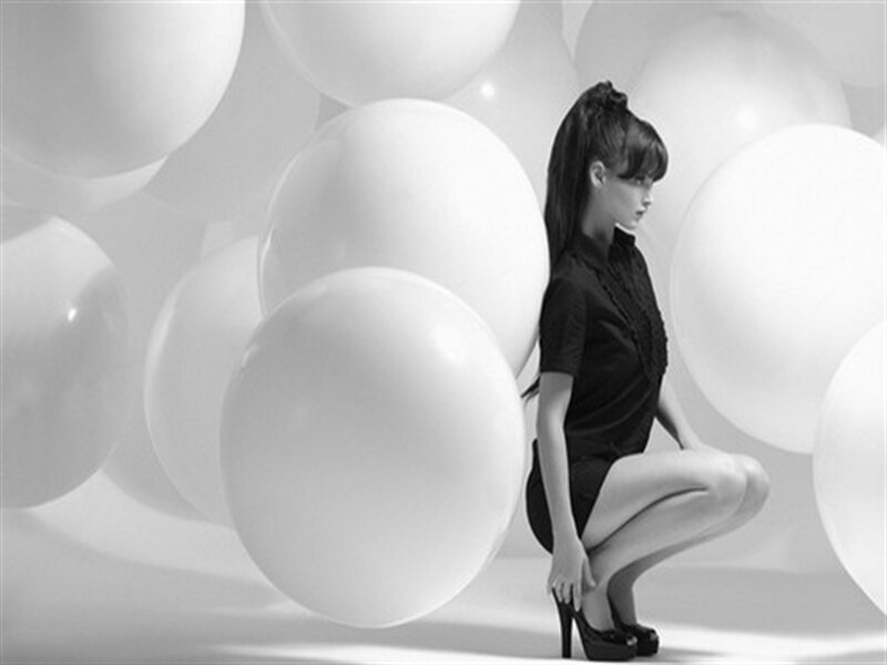 Woman in Black Dress — Dramatic, Photograph, Balloons