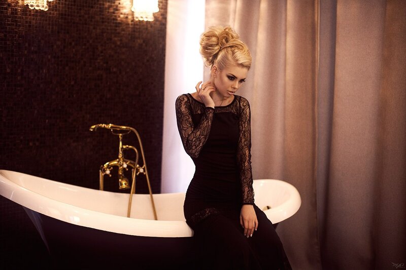 Woman in Black Dress — Dramatic, Photograph, Bathtub