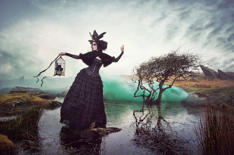 Woman in Black Dress — Dramatic, Photograph, Birdcage, Tree