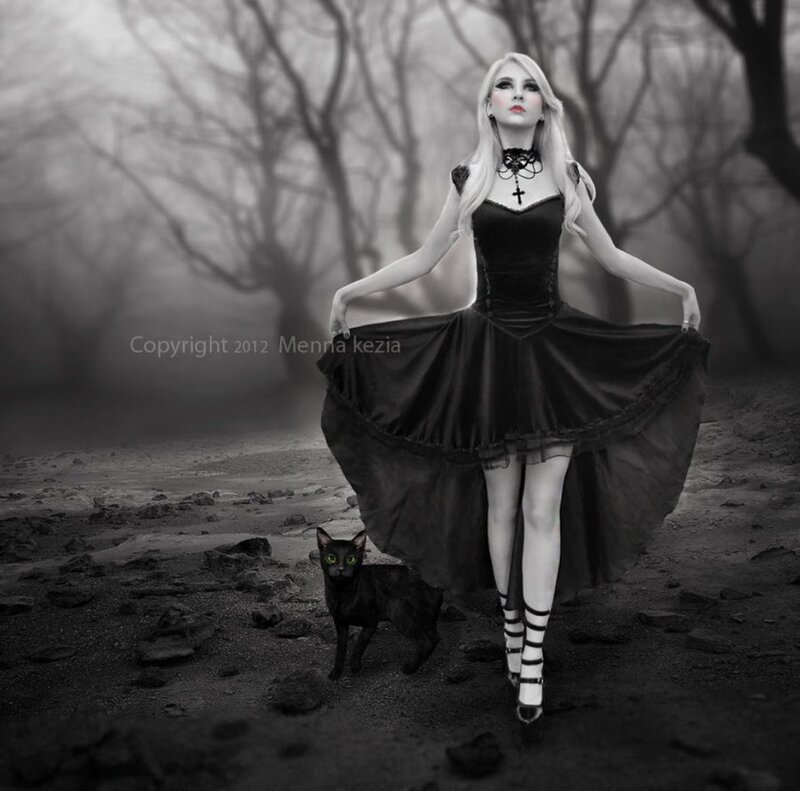 Woman in Black Dress — Dramatic, Photograph, Black Cat