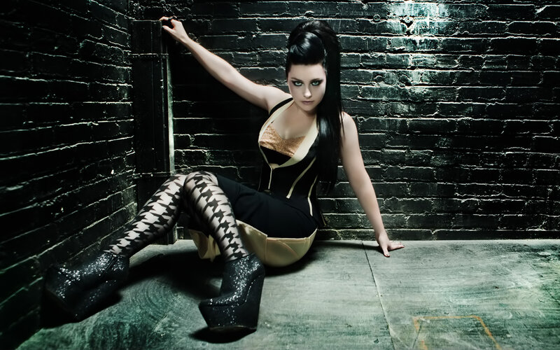 Woman in Black Dress — Dramatic, Photograph, Brick Wall, Tights
