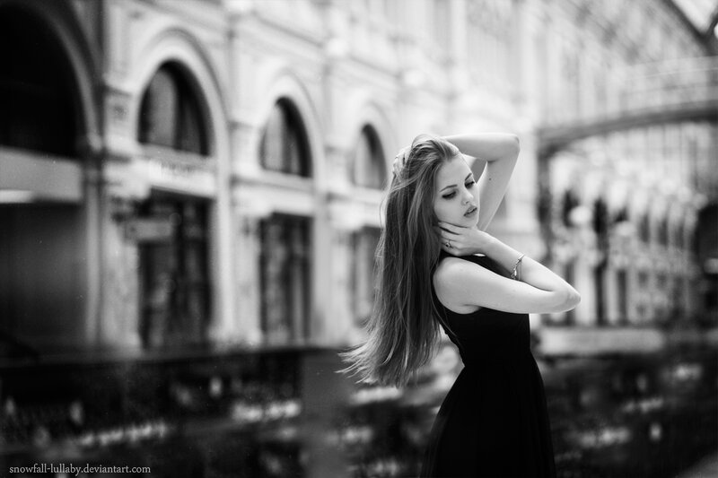 Woman in Black Dress — Dramatic, Photograph, Building