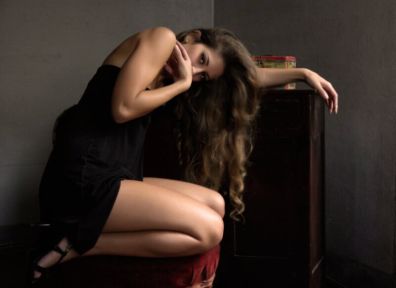 Woman in Black Dress — Dramatic, Photograph, Cabinet