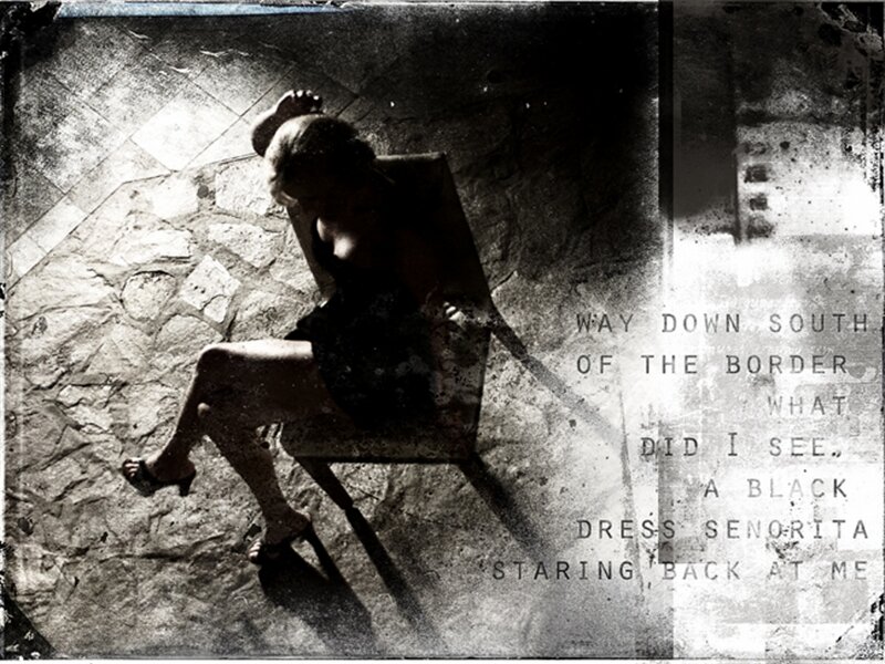 Woman in Black Dress — Dramatic, Photograph, Chair, Text