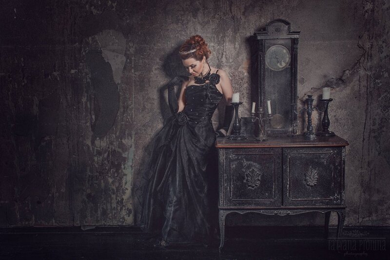 Woman in Black Dress — Dramatic, Photograph, Clock