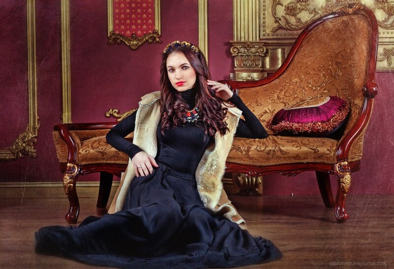 Woman in Black Dress — Dramatic, Photograph, Couch, Crown