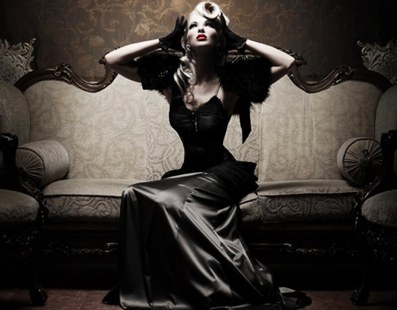 Woman in Black Dress — Dramatic, Photograph, Couch, Gloves