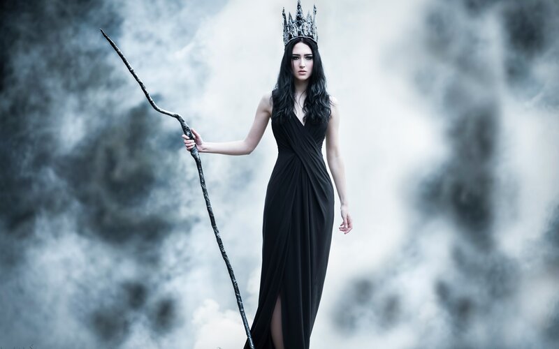 Woman in Black Dress — Dramatic, Photograph, Crown, Staff