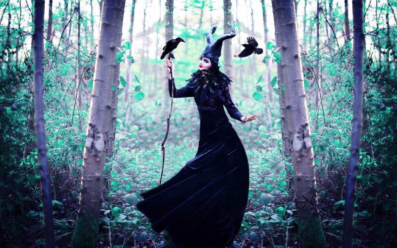 Woman in Black Dress — Dramatic, Photograph, Crows, Forest