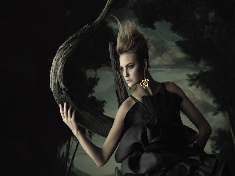 Woman in Black Dress — Dramatic, Photograph, Driftwood, Earrings