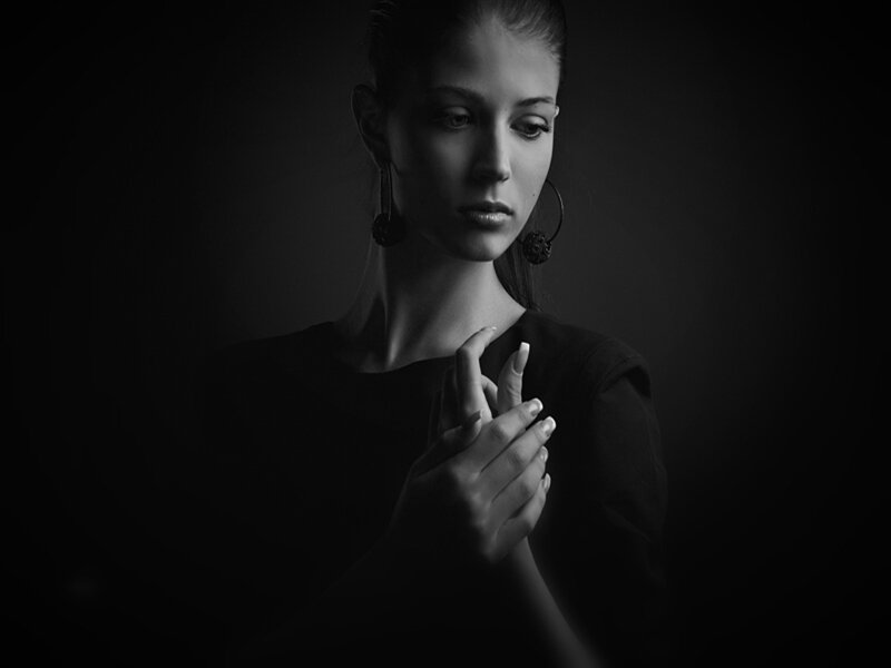 Woman in Black Dress — Dramatic, Photograph, Earrings, Hands