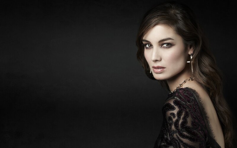 Woman in Black Dress — Dramatic, Photograph, Earrings, Makeup, Brown, Gold