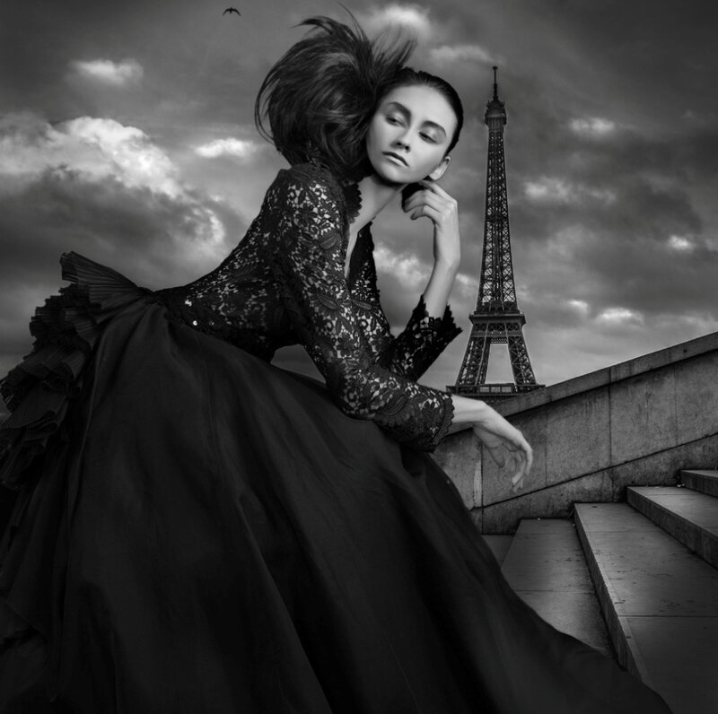 Woman in Black Dress — Dramatic, Photograph, Eiffel Tower