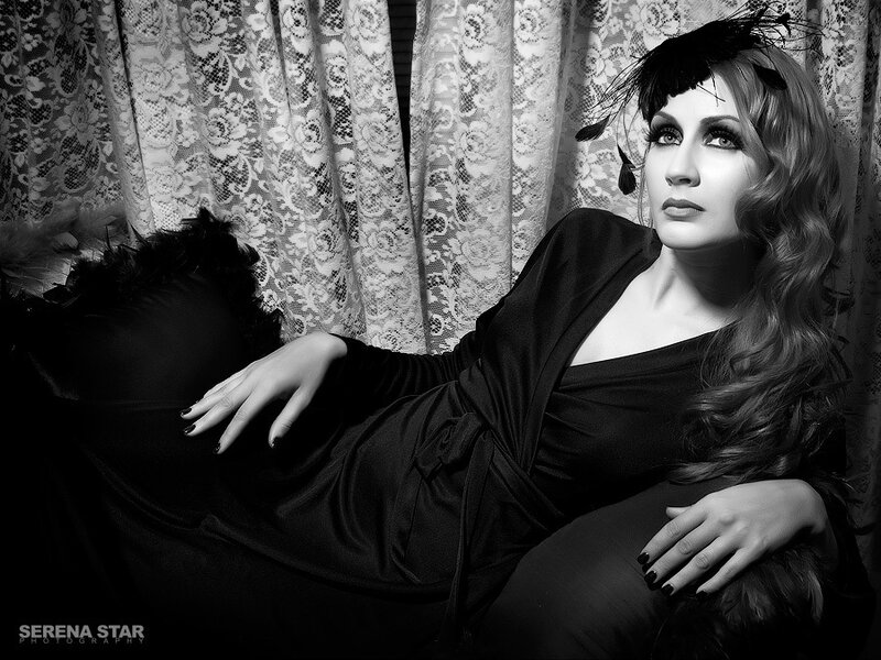 Woman in Black Dress — Dramatic, Photograph, Feather Hat