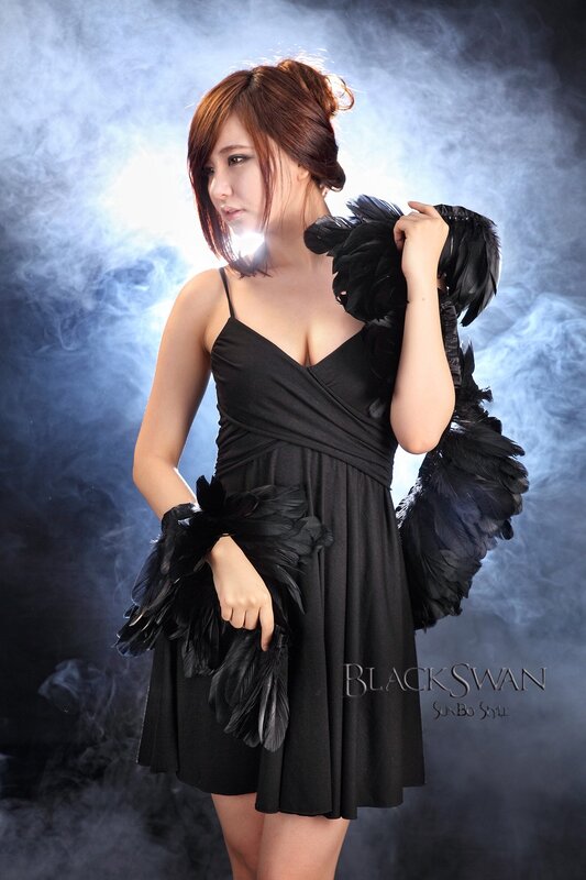 Woman in Black Dress — Dramatic, Photograph, Feather Wings