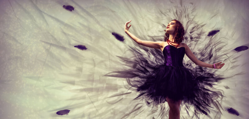 Woman in Black Dress — Dramatic, Photograph, Feathers, Corset