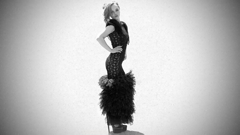 Woman in Black Dress — Dramatic, Photograph, Feathers, Heels, White