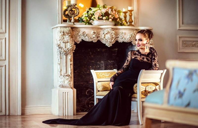 Woman in Black Dress — Dramatic, Photograph, Fireplace