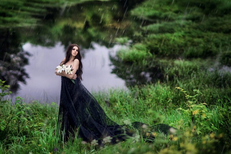 Woman in Black Dress — Dramatic, Photograph, Flowers, River