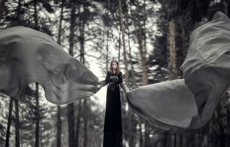 Woman in Black Dress — Dramatic, Photograph, Forest, Fabric