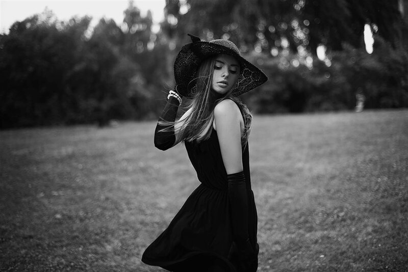 Woman in Black Dress — Dramatic, Photograph, Hat, Field