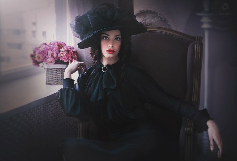 Woman in Black Dress — Dramatic, Photograph, Hat, Flowers